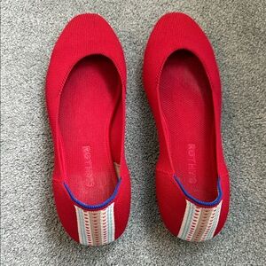 Rothy's Bold Red Round Toe Flats with Blue Trim
